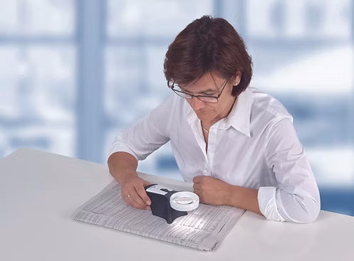 Client using a hand held magnifier
